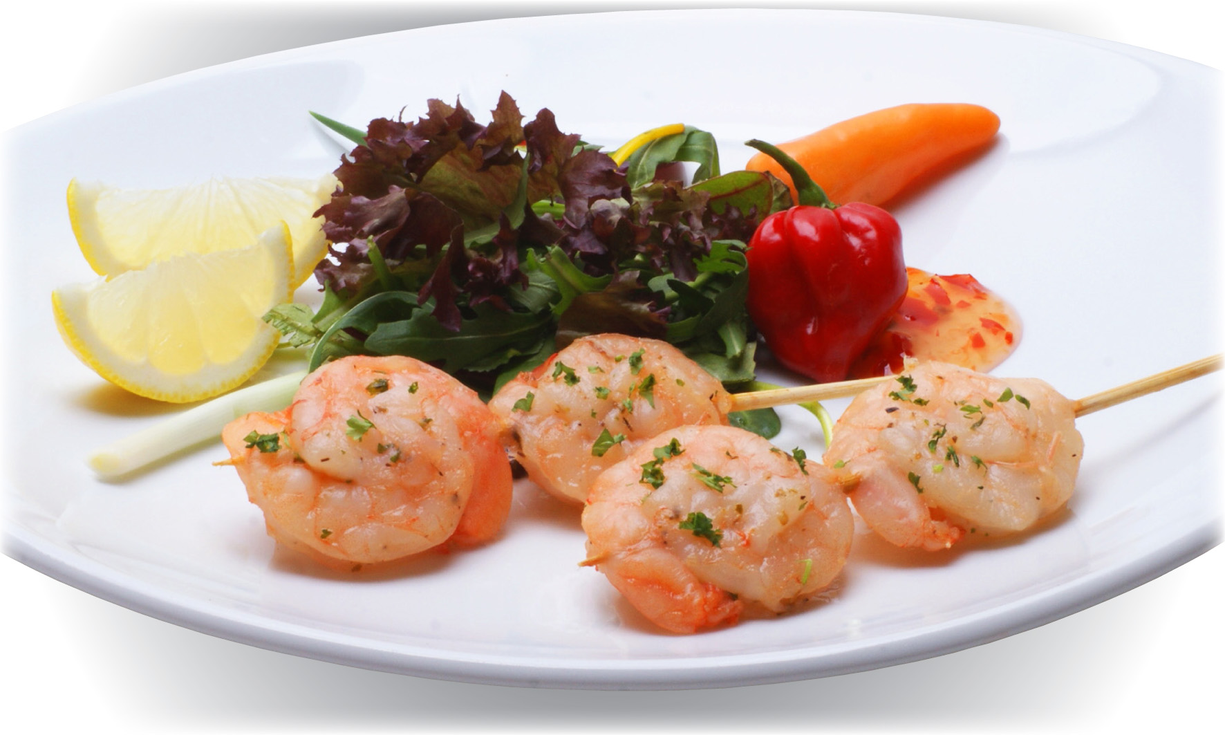 Recipes Garlic Marinated Tiger Prawn skewer and salad